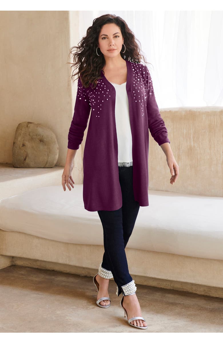 Roaman's Embellished Cardigan, Alternate, color, Red Rhinestone Burst