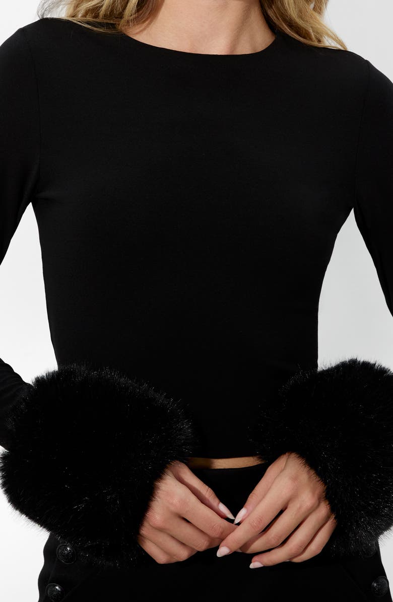 Alice + Olivia Delaina Jersey Crop Top with Removable Faux Fur Cuffs, Alternate, color, 