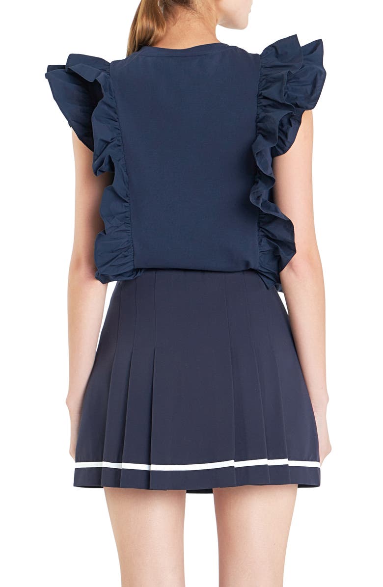 English Factory Poplin Ruffle Trim Knit Top, Alternate, color, Navy