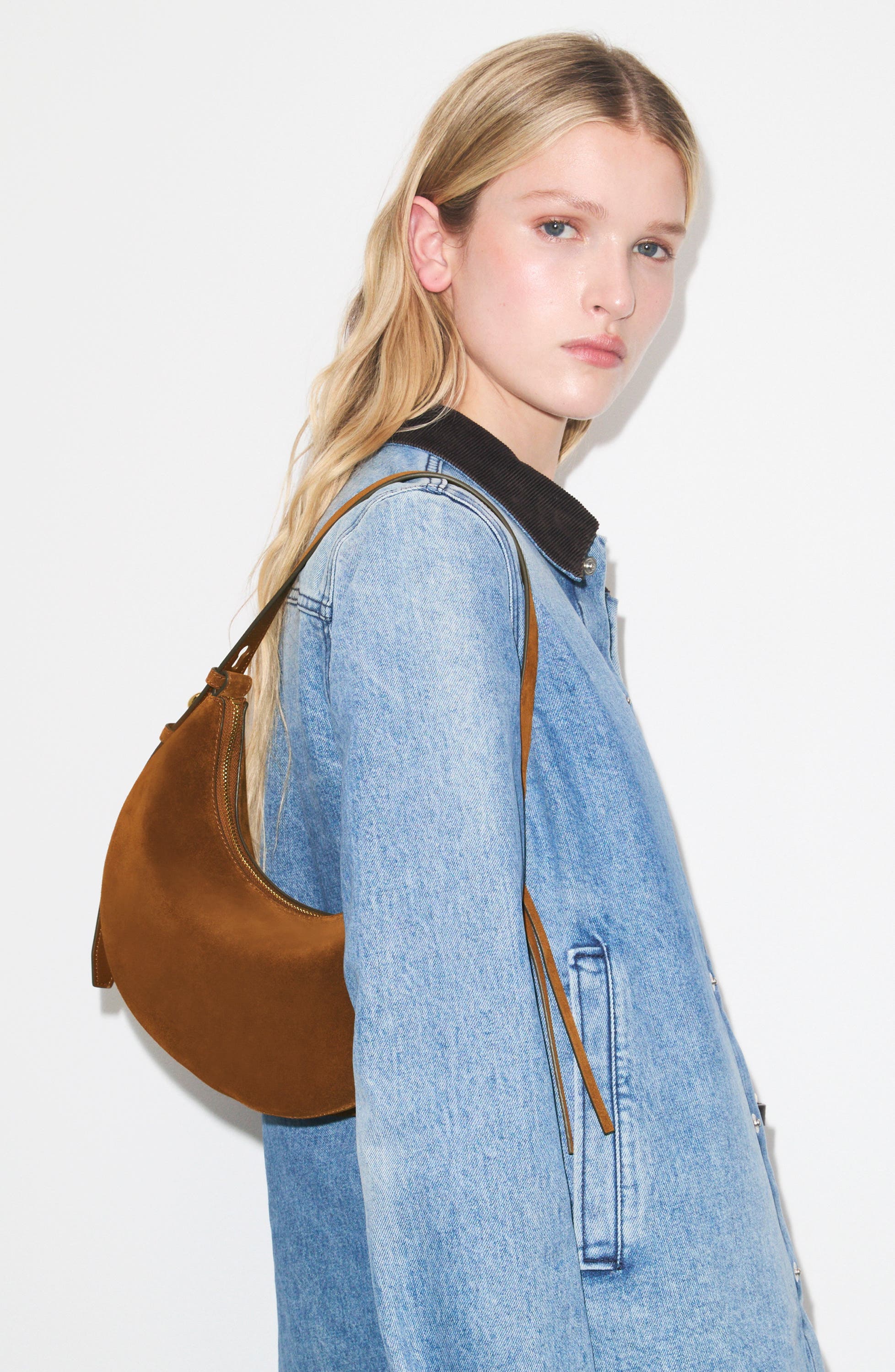 Romy Suede Half Moon Shoulder Bag, Alternate, color, CARAMEL