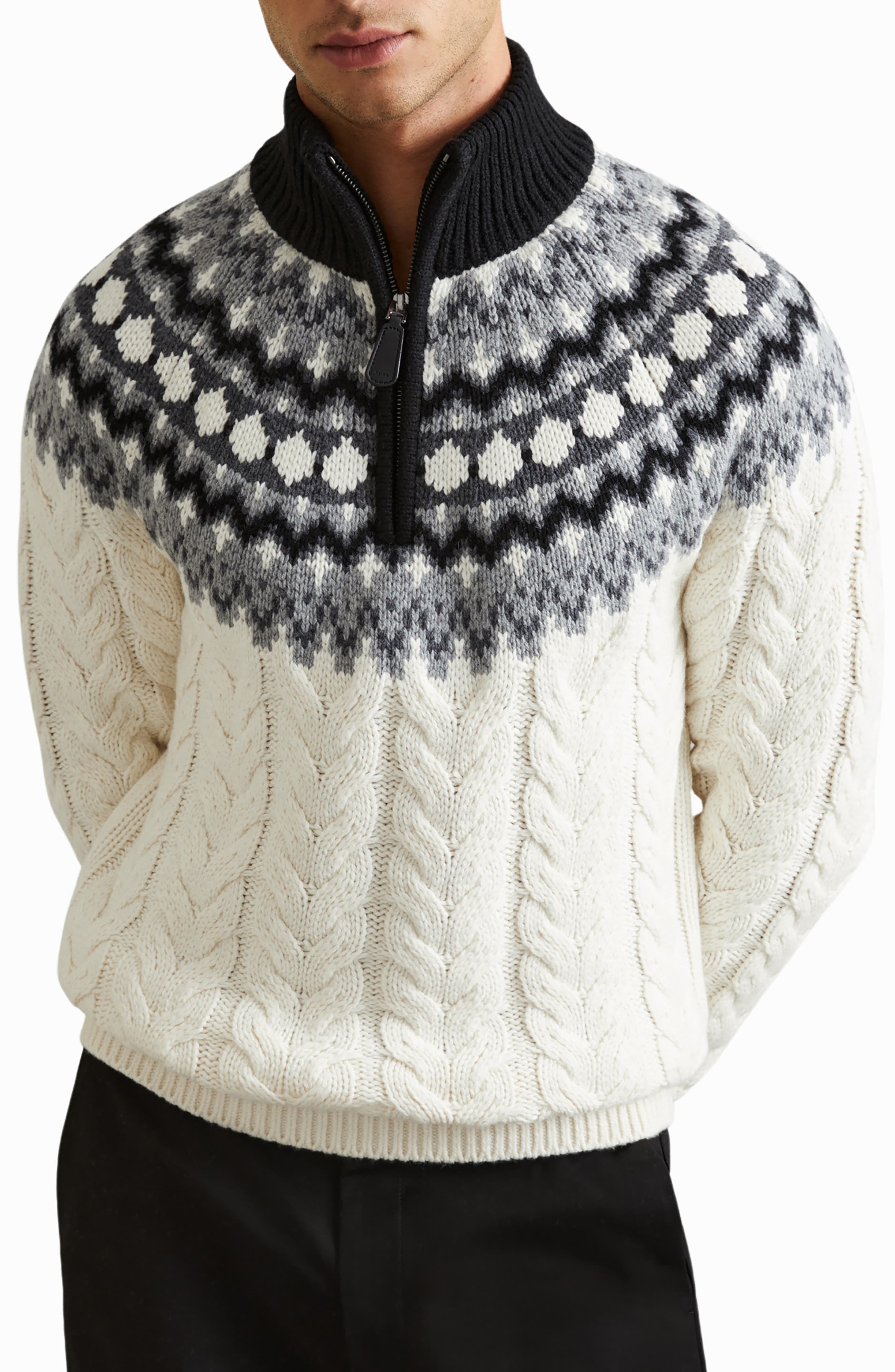 Reiss Colorado Fair Isle Cable Sticth Quarter Zip Sweater in Black/white 