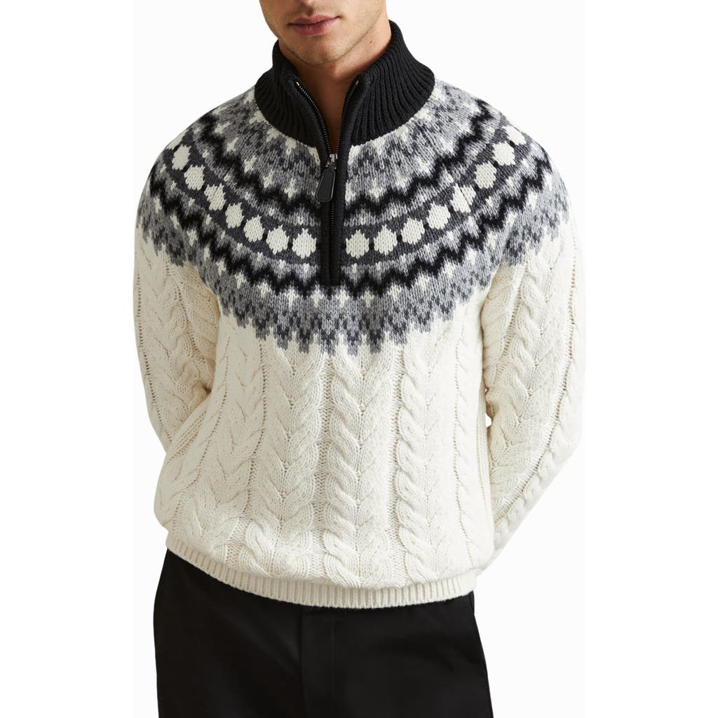 Reiss Colorado Fair Isle Cable Sticth Quarter Zip Sweater in Black/white
