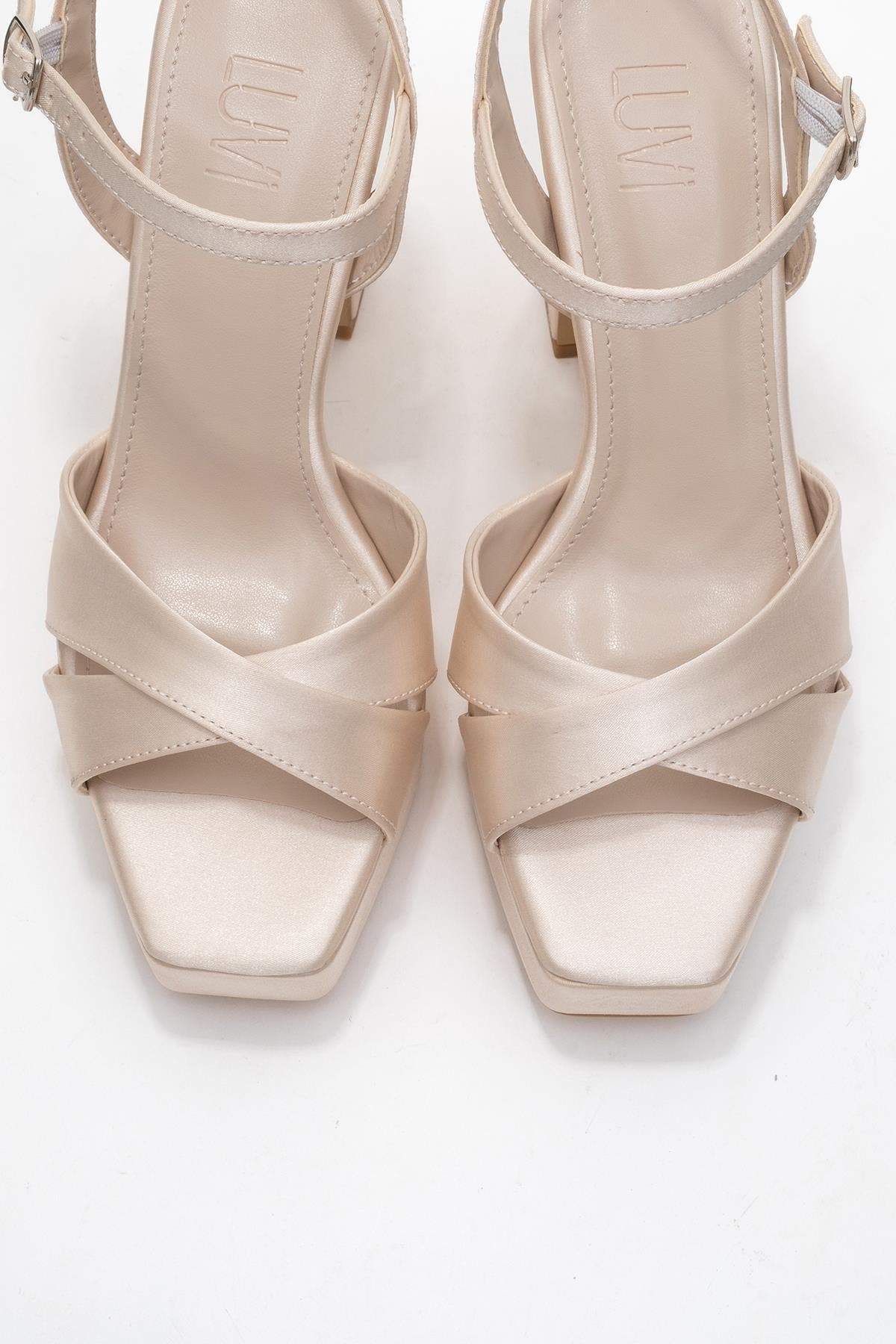 Yulia Cross-Strap Platform Heel Sandal, Alternate, color, Beige Satin