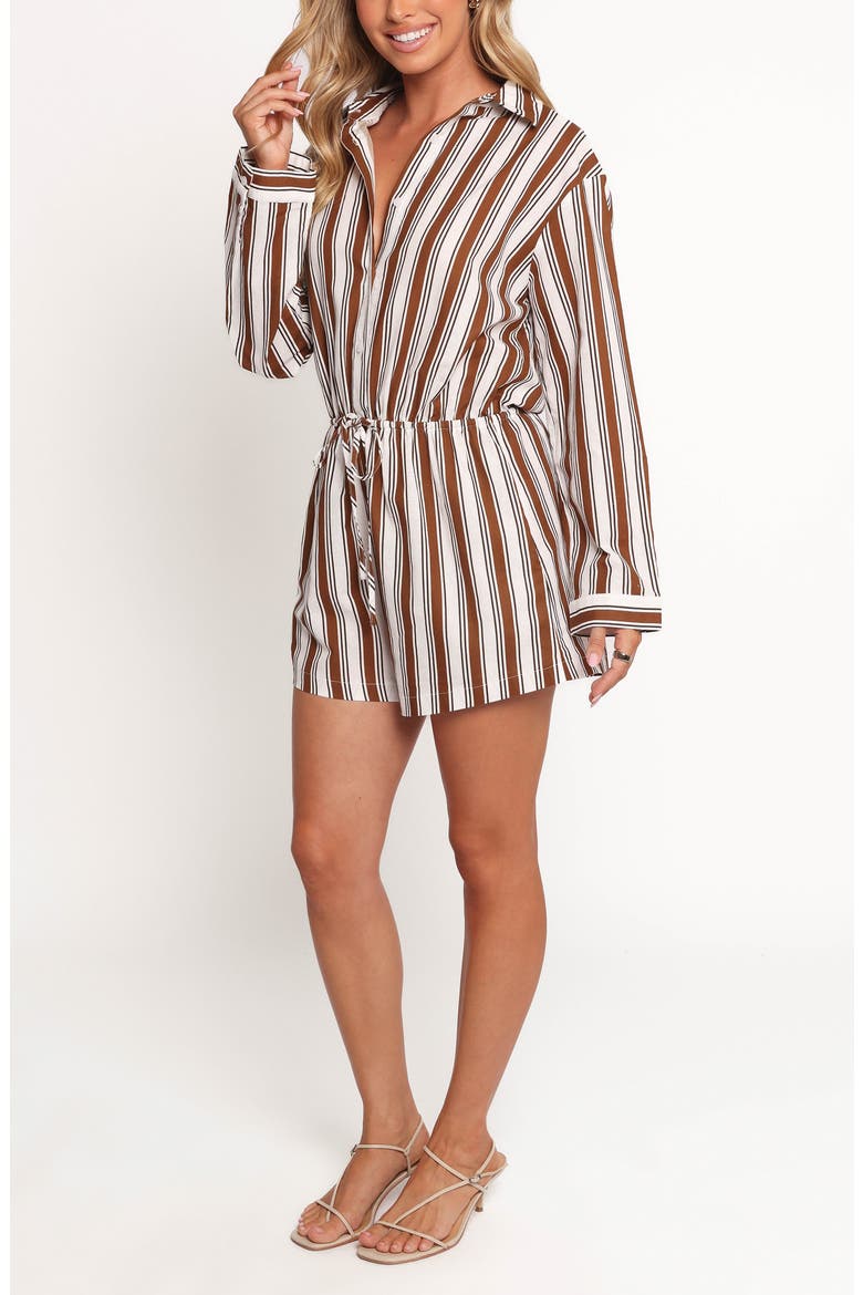Beau Stripe Long Sleeve Cotton & Linen Romper, Main, color, CHOCOLATE STRIPE
