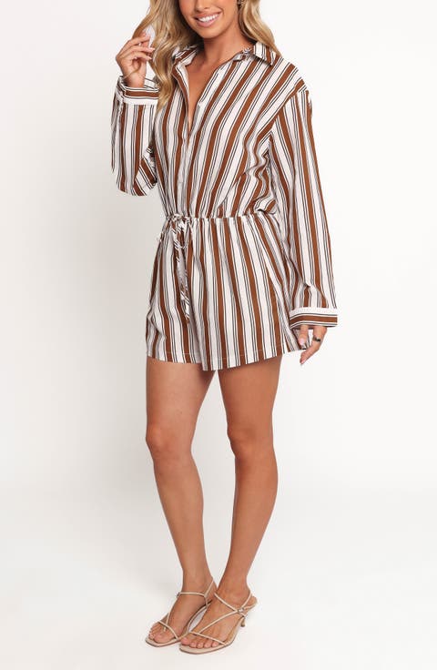 Beau Stripe Long Sleeve Cotton & Linen Romper