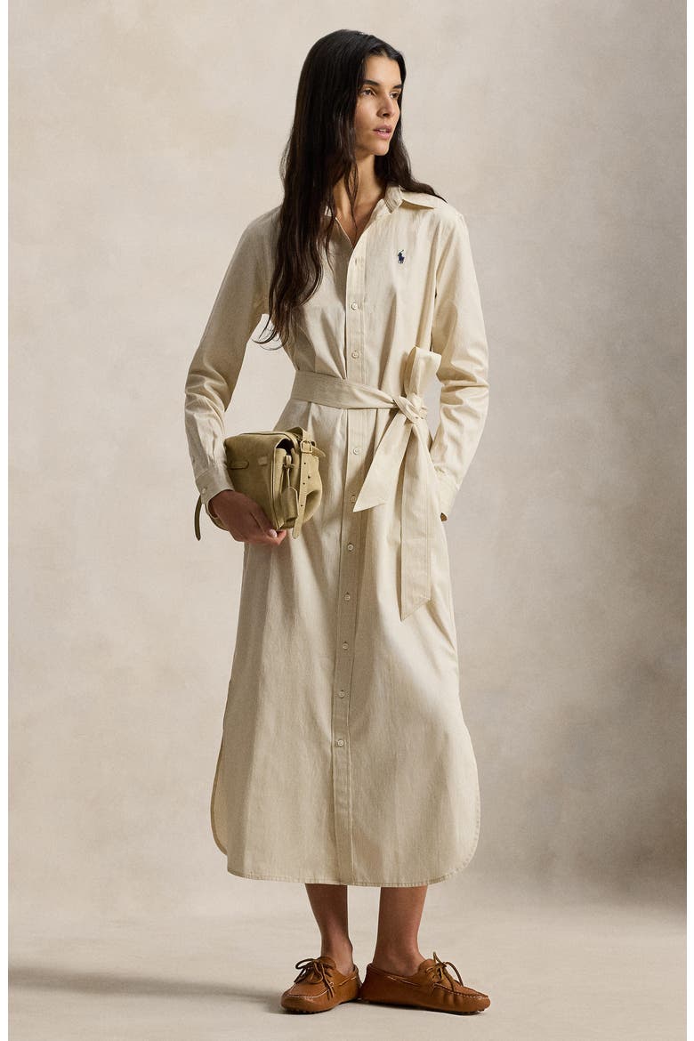 Tie Waist Long Sleeve Maxi Shirtdress, Alternate, color, POLO TAN-WHITE