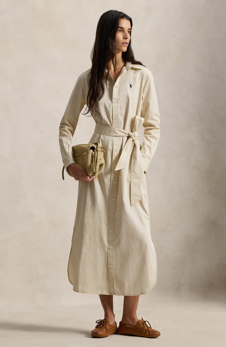 Polo Ralph Lauren Tie Waist Long Sleeve Maxi Shirtdress, Alternate, color, Polo Tan-White