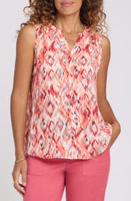 NYDJ Print Pleat Back Sleeveless Split Neck Blouse