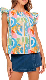 FLYING TOMATO Printed Ruffle Sleeve Top