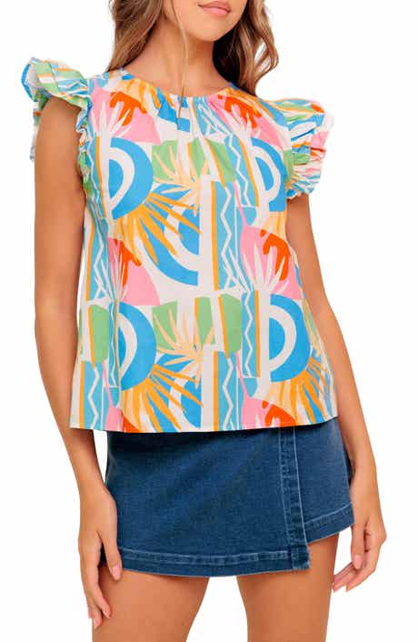 FLYING TOMATO Printed Ruffle Sleeve Top