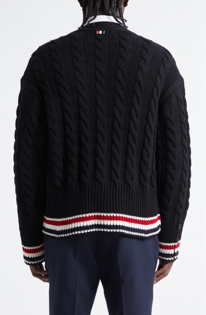 Thom Browne RWB Cable Knit Wool Cardigan, Alternate, color, Black