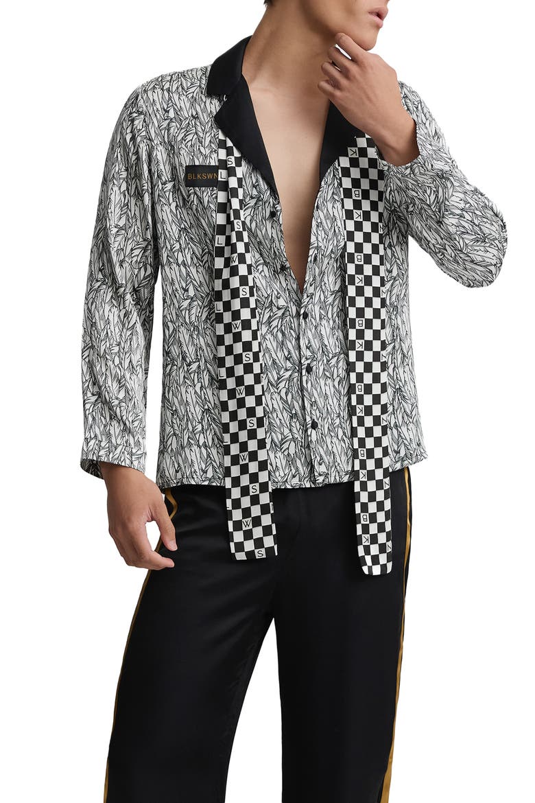 Feathers Black and White  Unisex Long Pajama Set, Alternate, color, Black & White