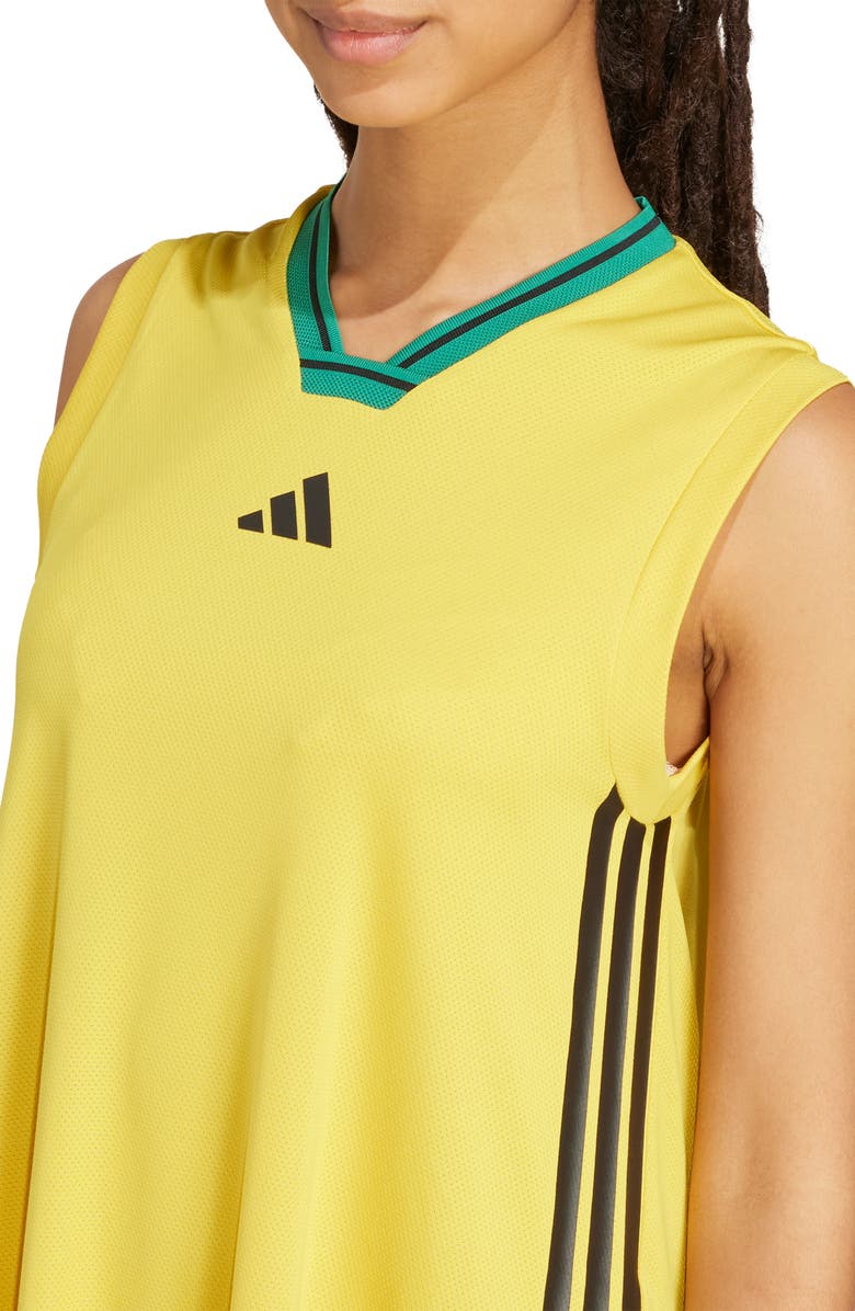 adidas Tiro 3-Stripes Recycled Polyester Mesh Maxi Dress, Alternate, color, Hazy Yellow/ Black/ Bold Green