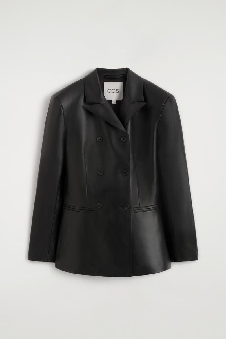 Leather Double-Breasted Blazer, Alternate, color, BLACK