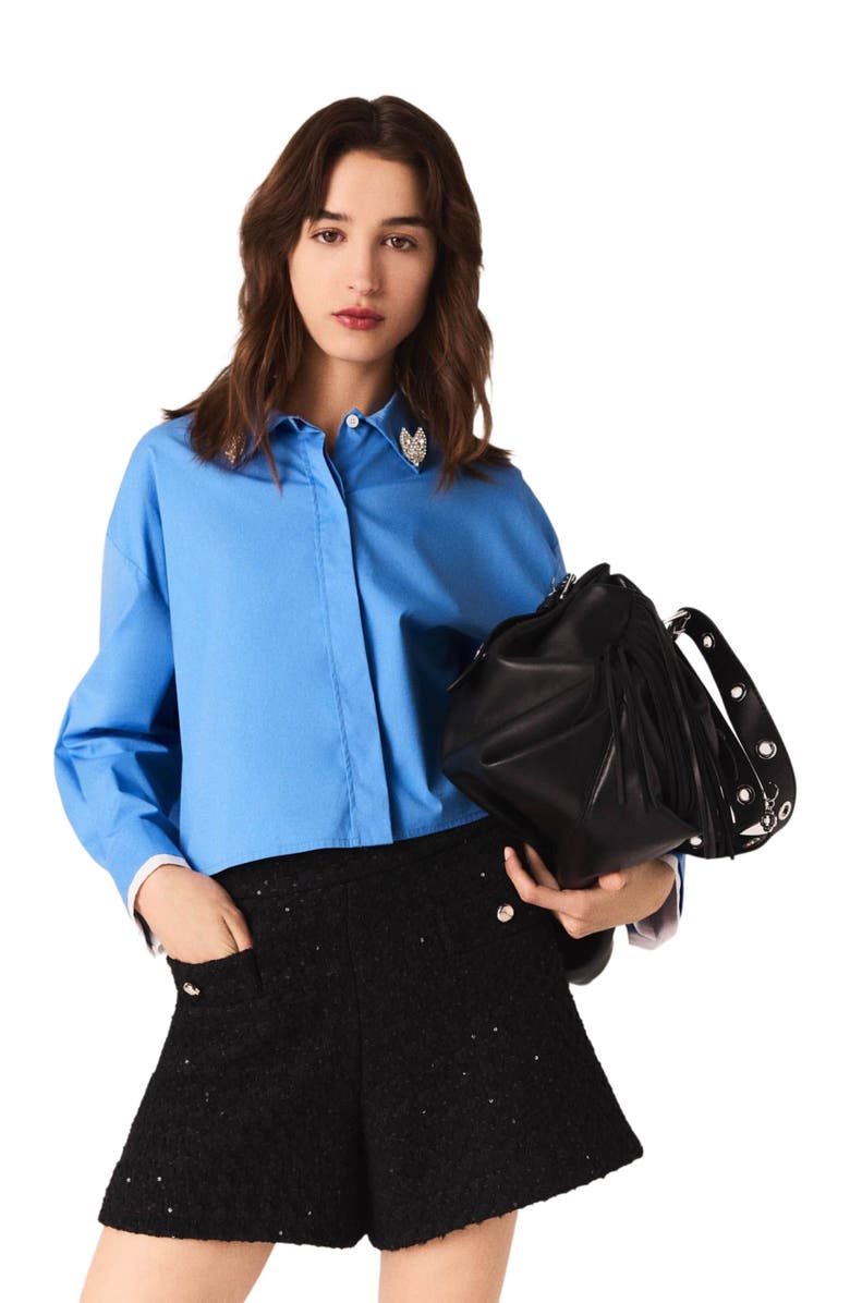 maje Rhinestone tweed shorts, Alternate, color, Black