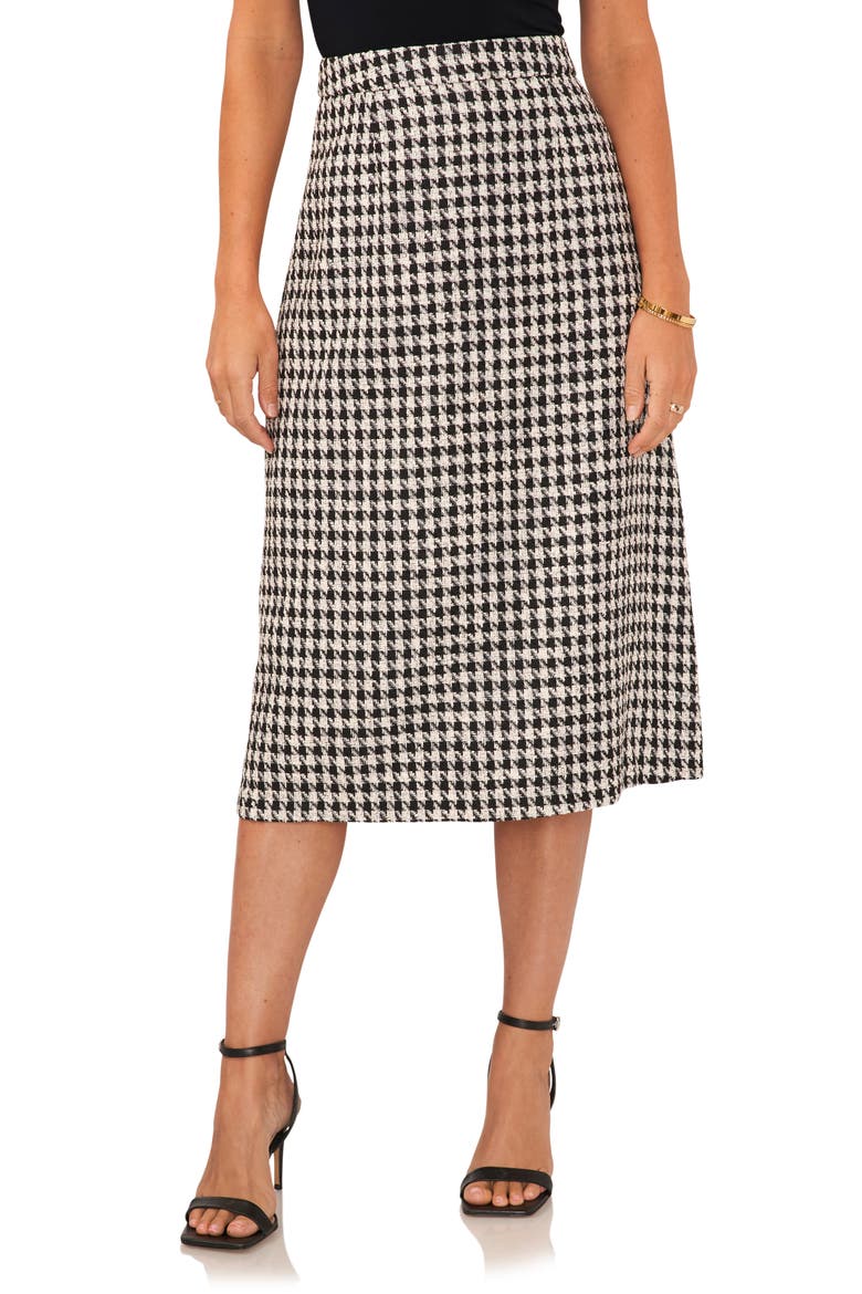 Houndstooth Cotton Tweed Midi Skirt, Main, color, RICH BLACK