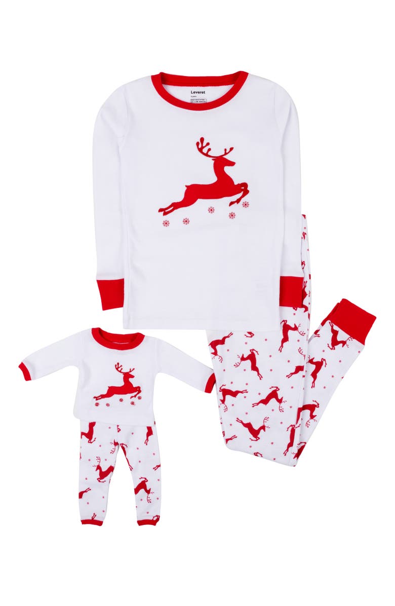 Leveret Girls 2-pc. Cotton Pajamas with Matching Doll Accessory - Holiday Prints/Solids, Main, color, Reindeer White