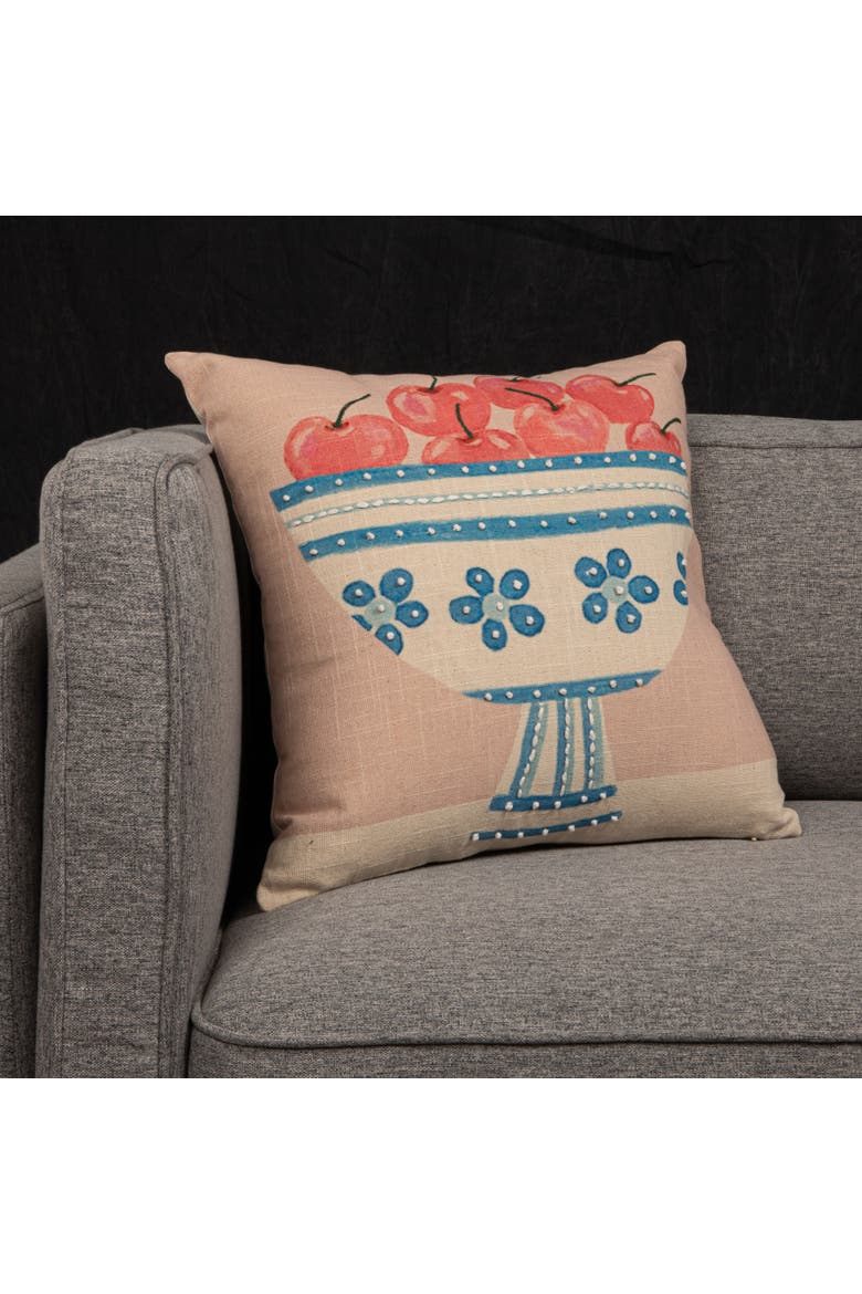 Cotton Printed Slub Pillow with Fruit Bowl, Embroidery and French Knots, Multicolor, Alternate, color, Pink