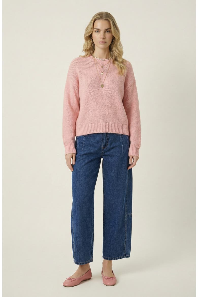 Barrel Leg Denim Pants with Contrast Seams, High Waist and Pockets, Alternate, color, Dark Blue