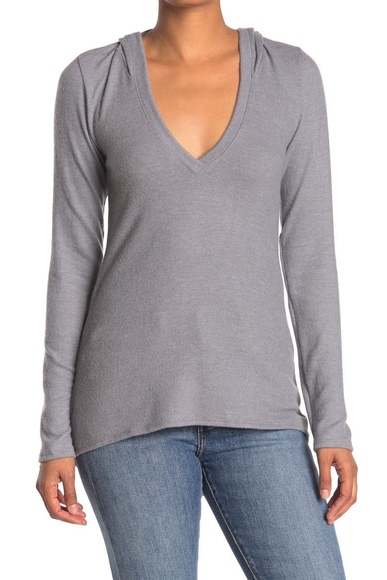 Deep V-Neck Hooded Top, Main, color, HEATHER GREY