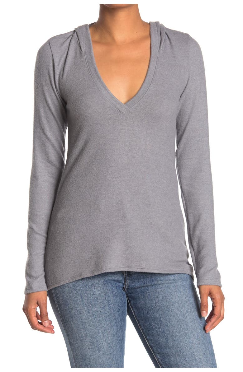 GO COUTURE Deep V-Neck Hooded Top, Main, color, Heather Grey