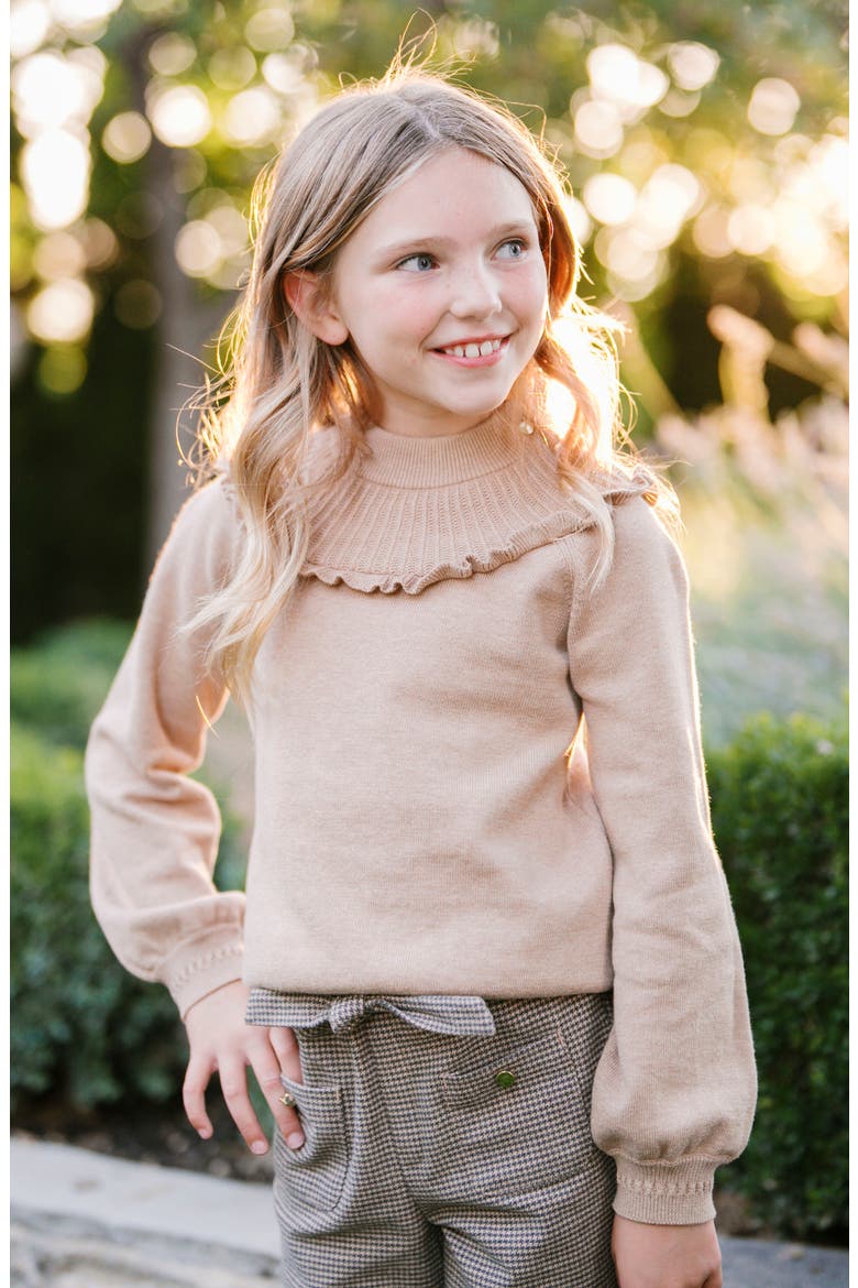 Kids' Organic Long Sleeve Mock Neck Sweater with Ruffle, Alternate, color, Camel Heather