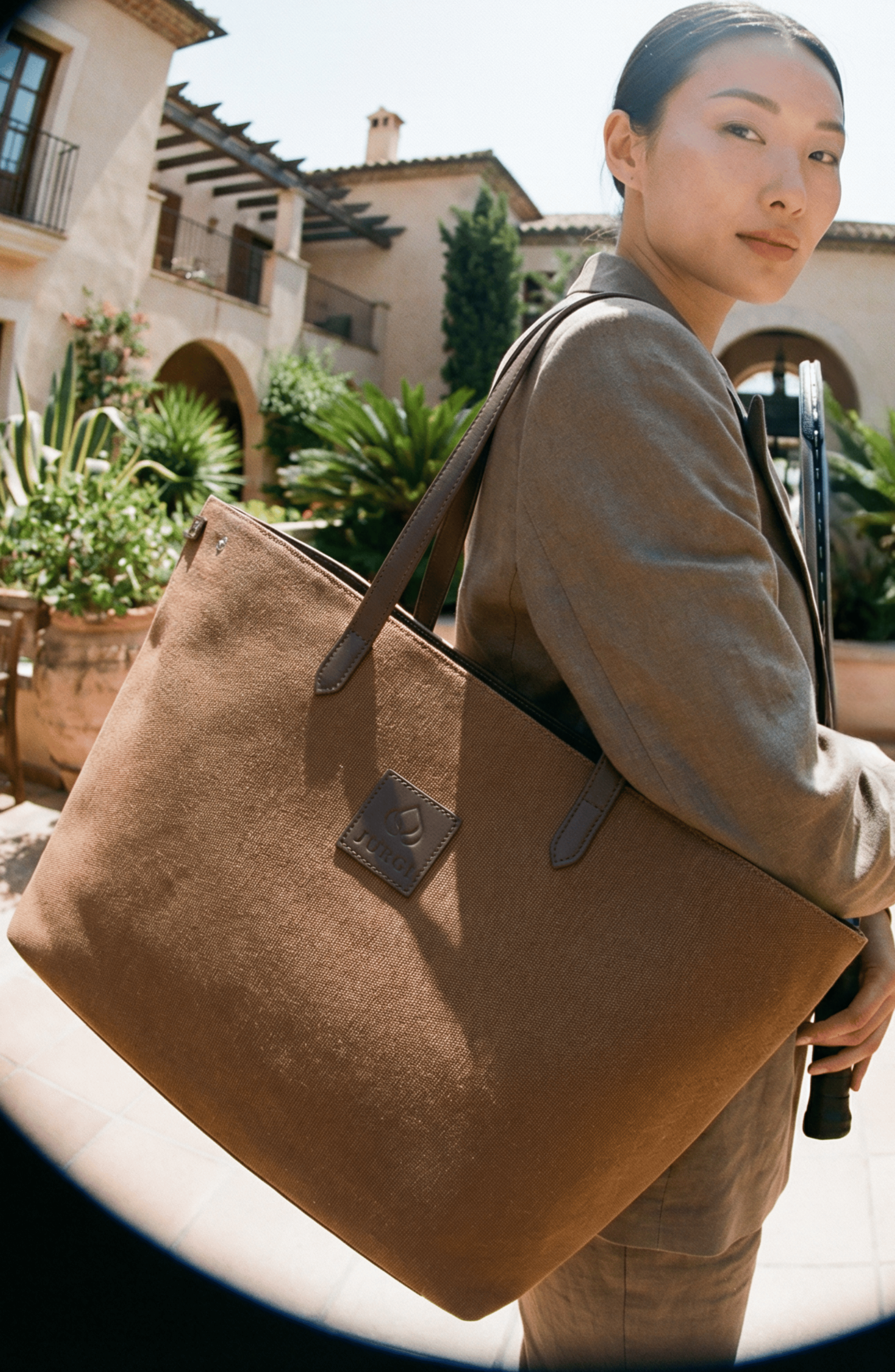 JURGI Tennis Racket Canvas and Leather Tote, Alternate, color, Camel