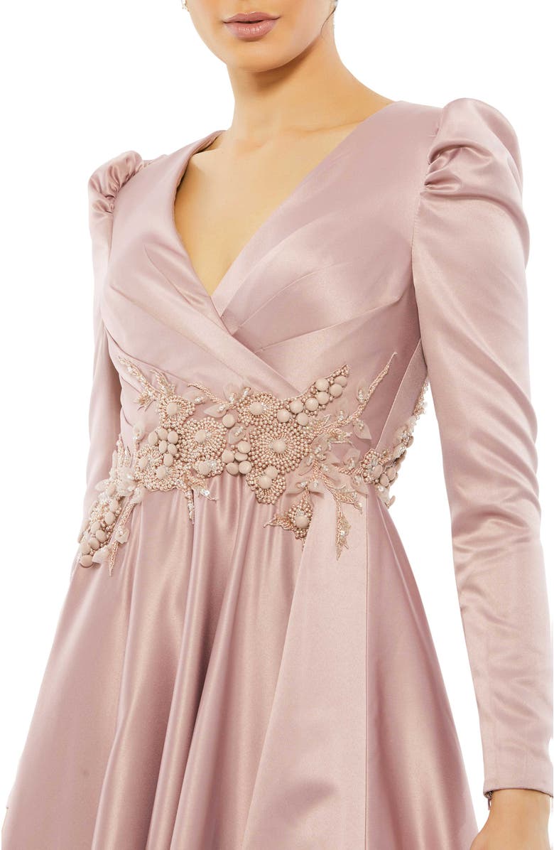 Mac Duggal Long Sleeve Embellished Satin Gown, Alternate, color, Rose Pink