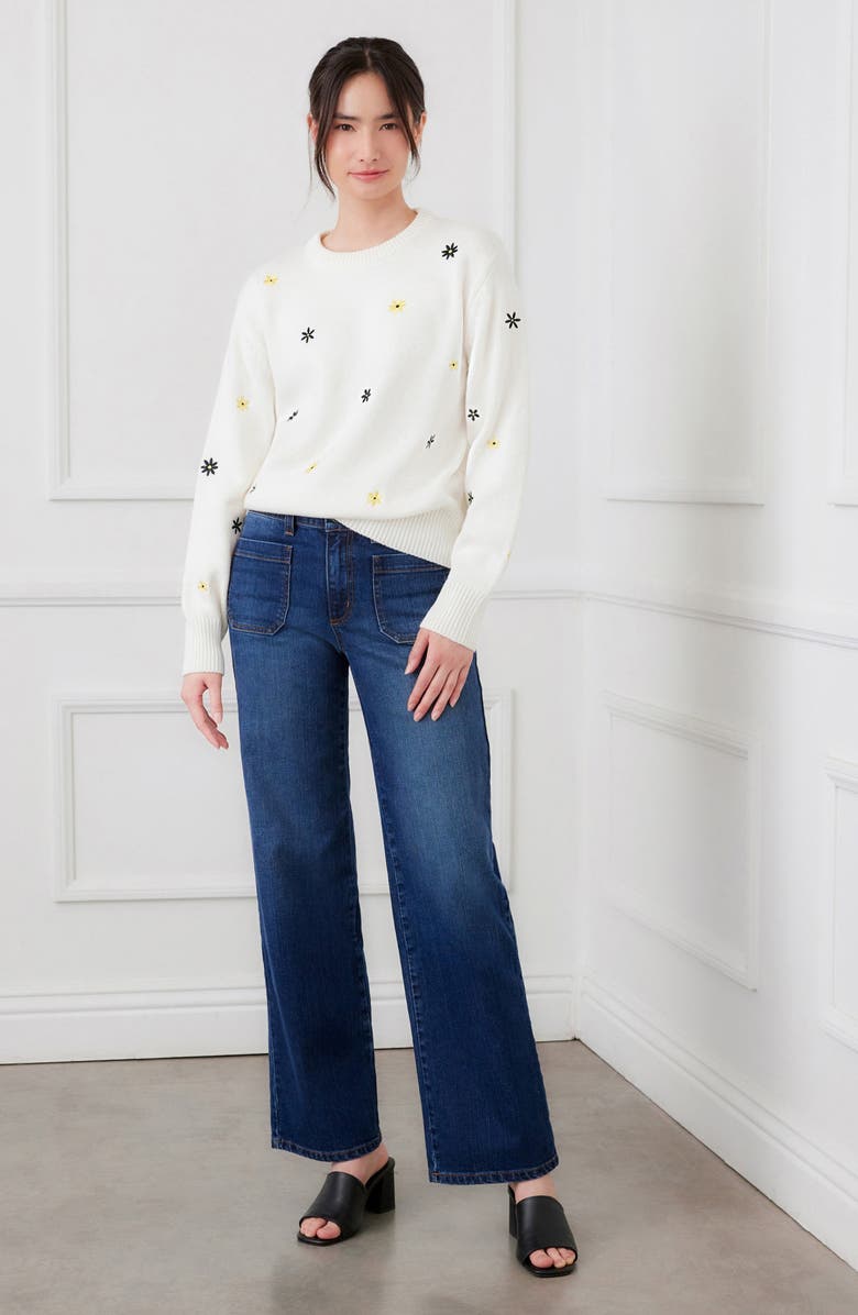Karen Kane Embroidered Daisy Cotton Blend Sweater, Alternate, color, White