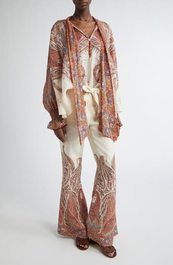 Zimmermann Rhiannon Paisley Print Belted Linen Flare Pants
