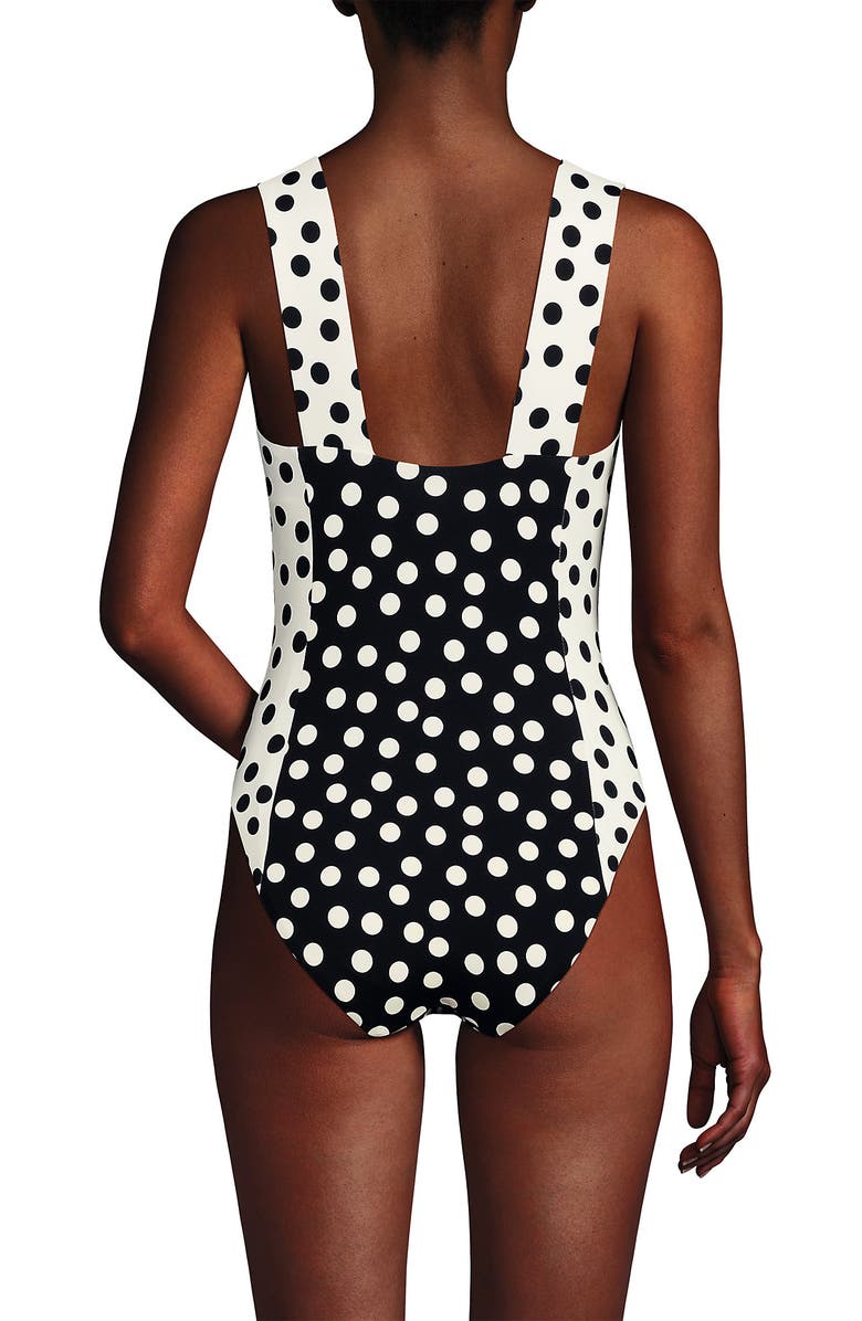 Lands' End Square Neck High Leg One Piece Swimsuit, Alternate, color, Black/Egret Mixed Tossed Dots