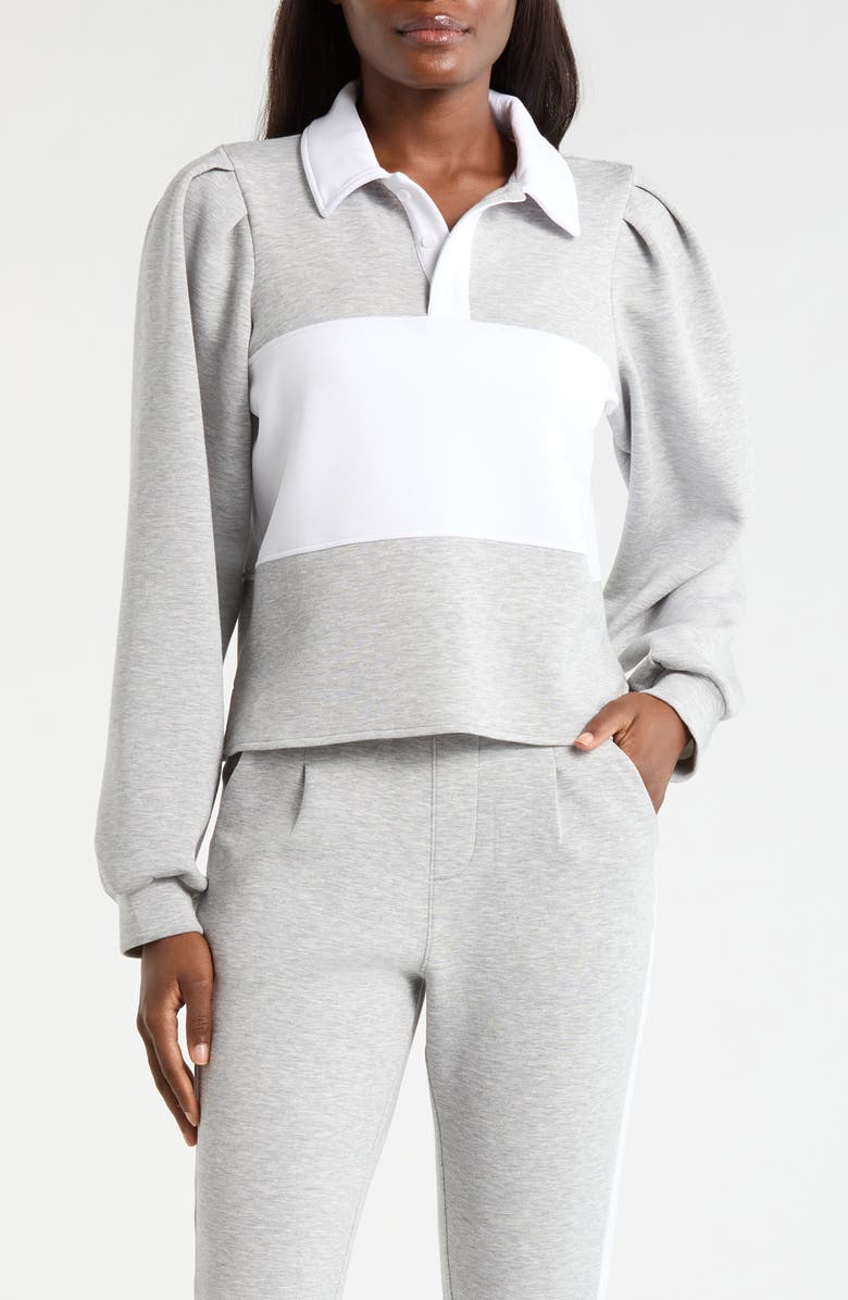 MPG Dreamweave Colorblock Puff Sleeve Rugby Shirt, Main, color, Htr Concrete/ Brilliant White