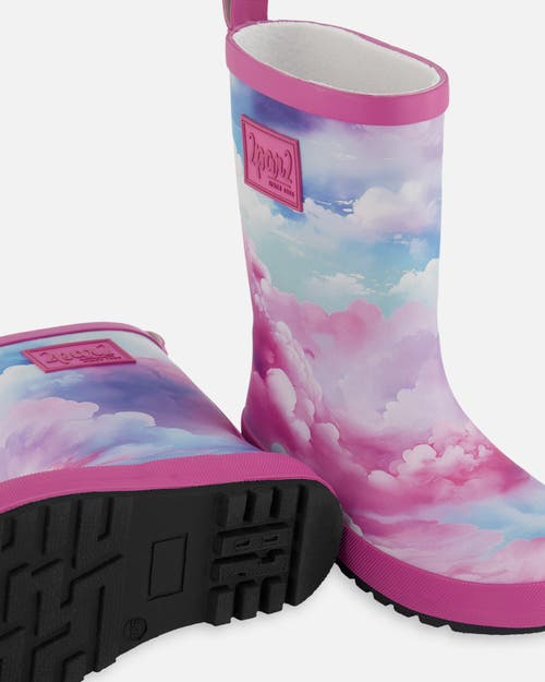 DEUX PAR DEUX DEUX PAR DEUX GIRL'S PRINTED RAIN BOOTS MULTICOLORED AND VIBRANT PINK BACKGROUND 