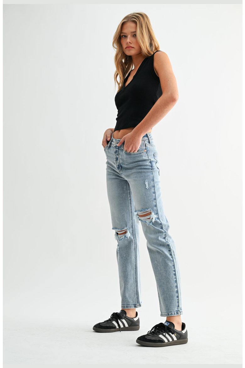Mia High Rise Destructed Slim Straight Jeans, Alternate, color, Light Wash Blue