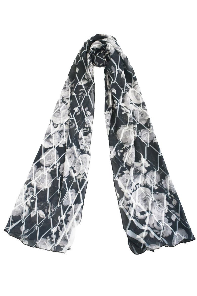 Floral Vines Chiffon Basket Weave Shawl, Main, color, Night Rose