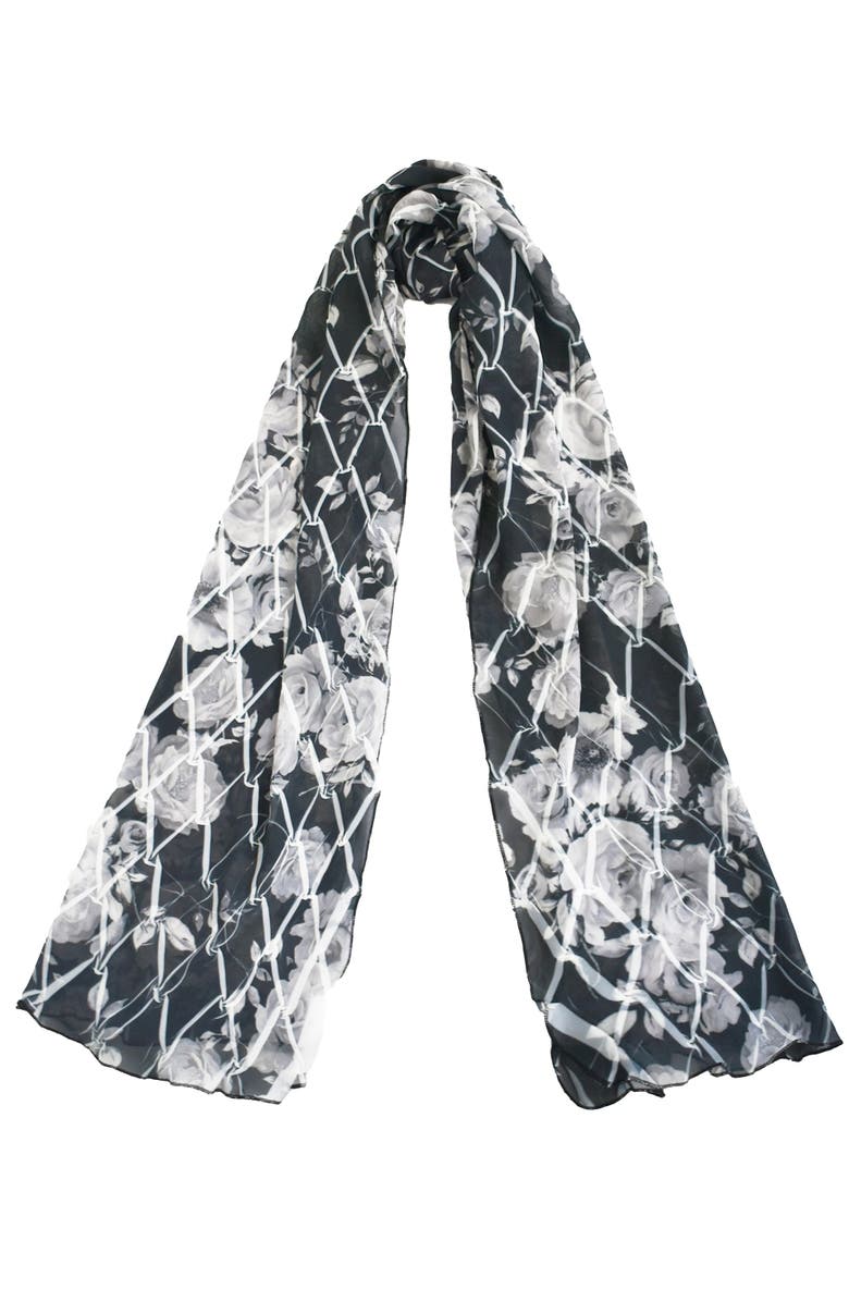 Komarov Floral Border Chiffon Shawl, Main, color, Night Rose