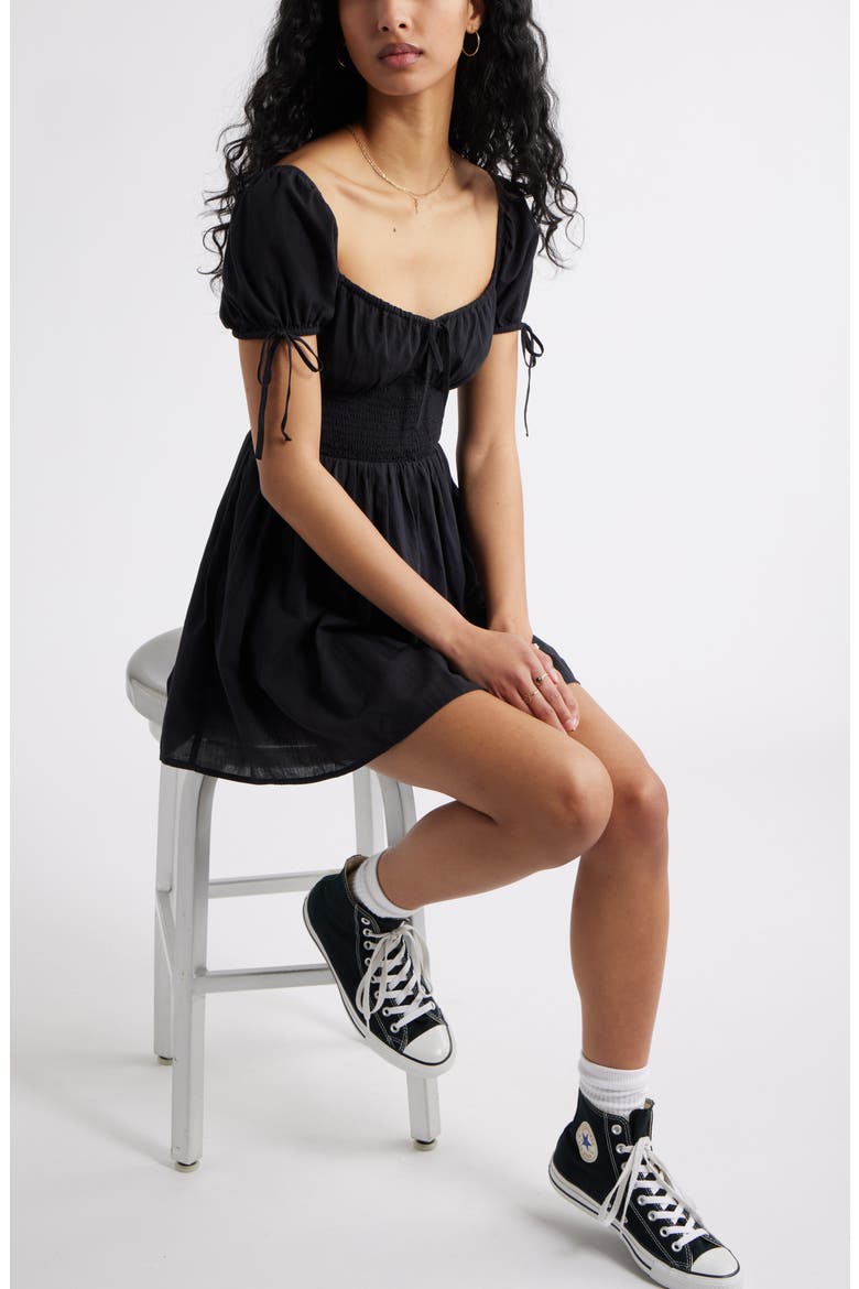 Puff Sleeve Smocked Waist Cotton Sundress, Alternate, color, BLACK