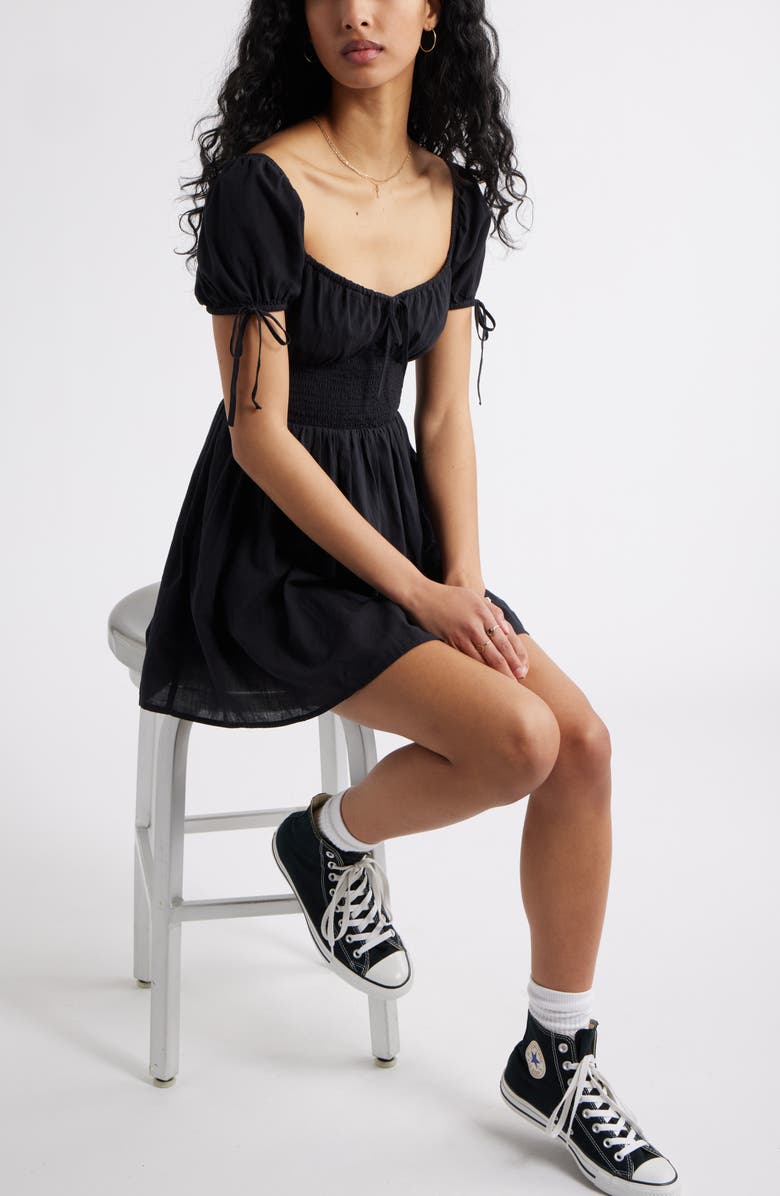 BP. Puff Sleeve Smocked Waist Cotton Sundress, Alternate, color, Black