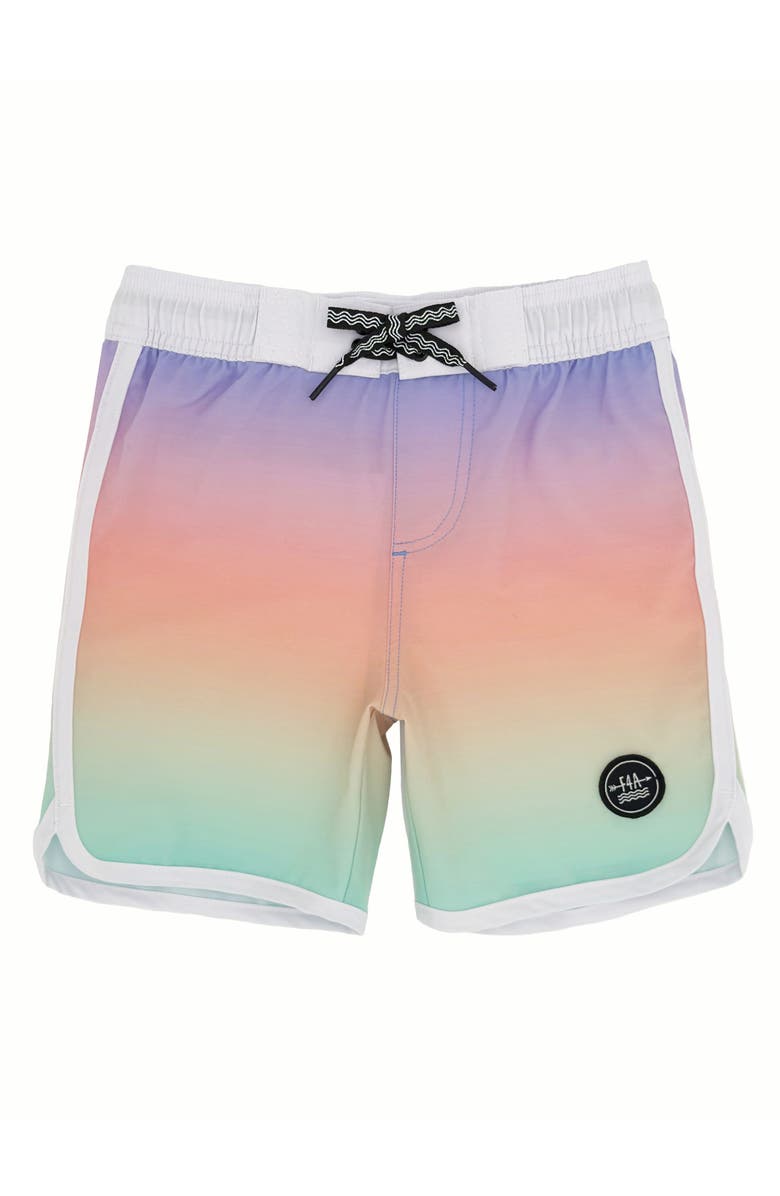 Feather 4 Arrow Kids' Scallop Board Shorts, Main, color, Coral Multi