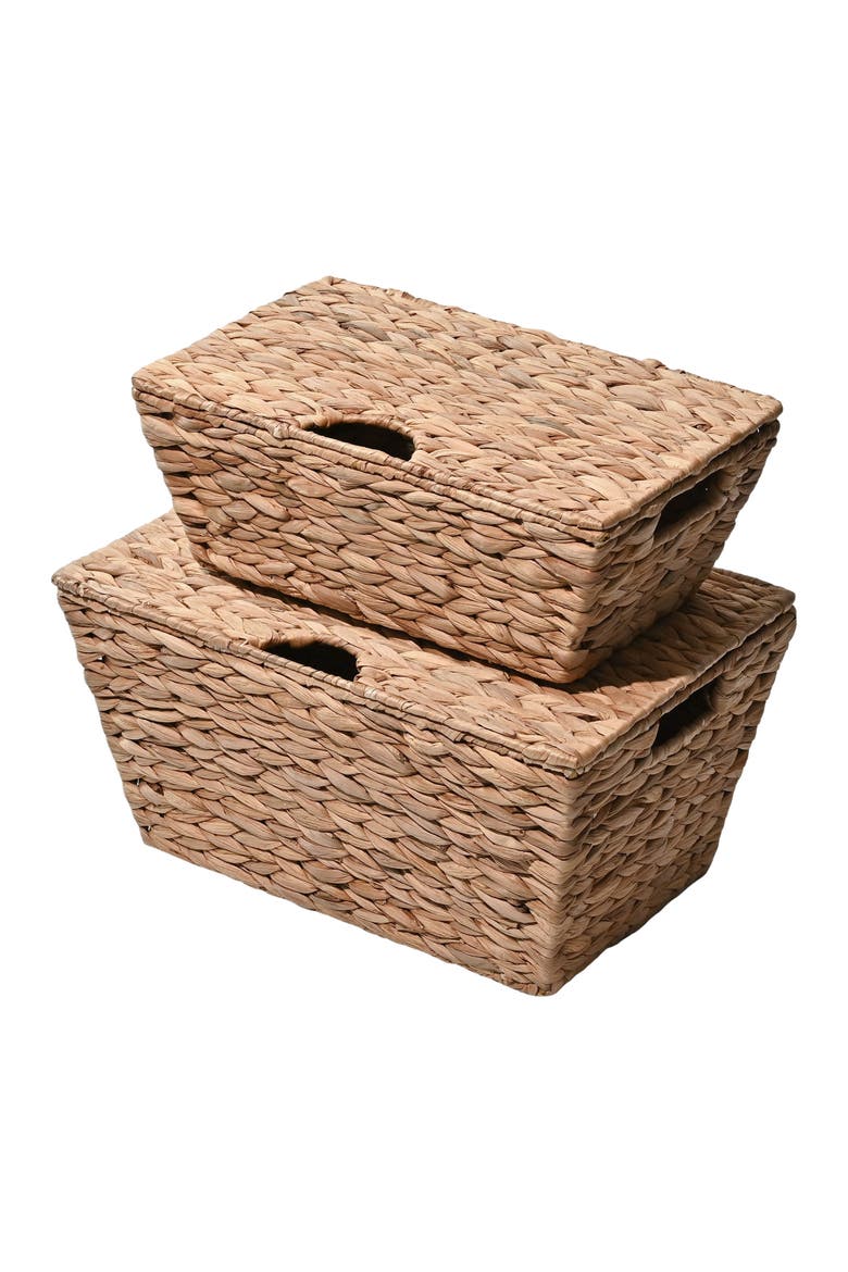 Wilder Classic Farmhouse Woven Hyacinth Rectangular Storage Baskets with Lids and Handles, Alternate, color, Natural