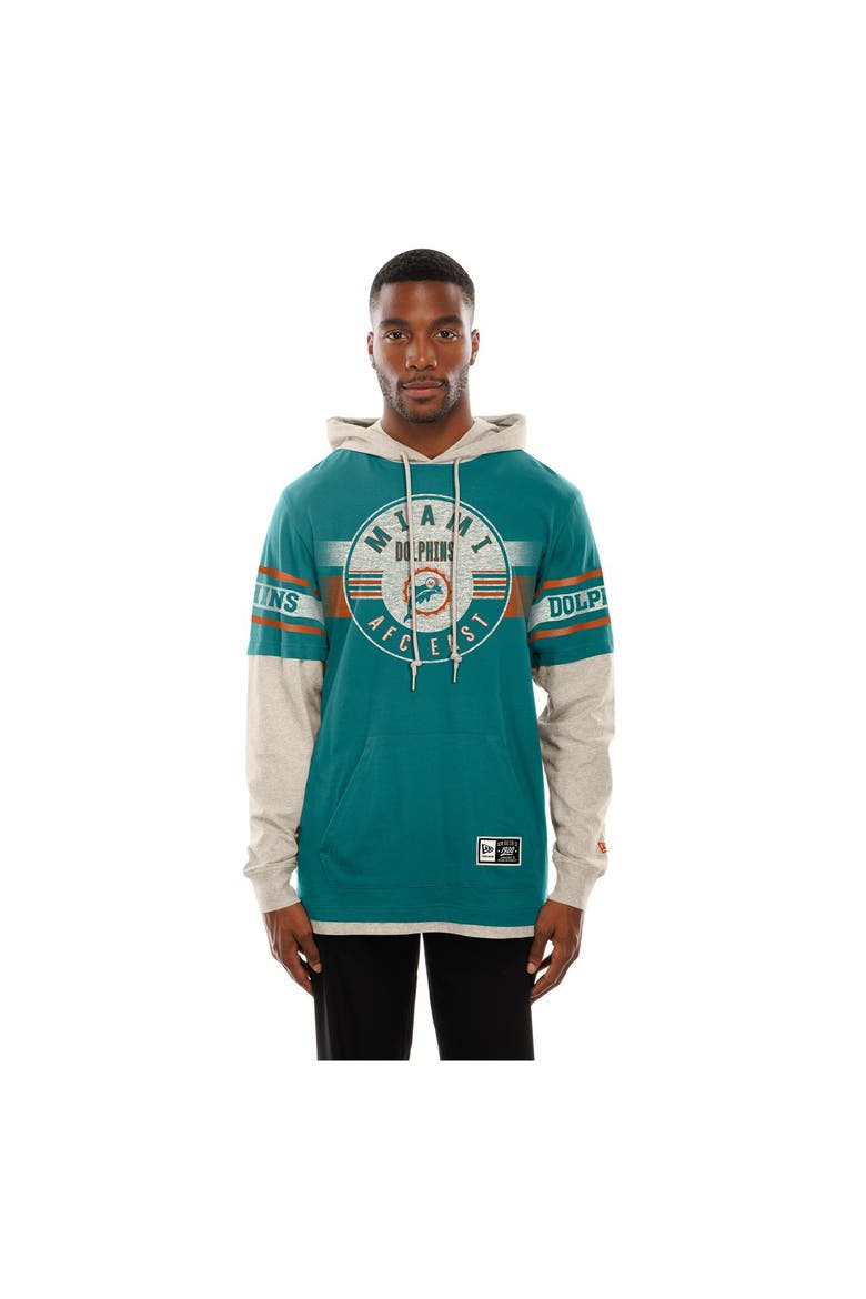 Men's New Era  Aqua Miami Dolphins Twofer Layered Long Sleeve Hoodie T-Shirt, Main, color, Aqua