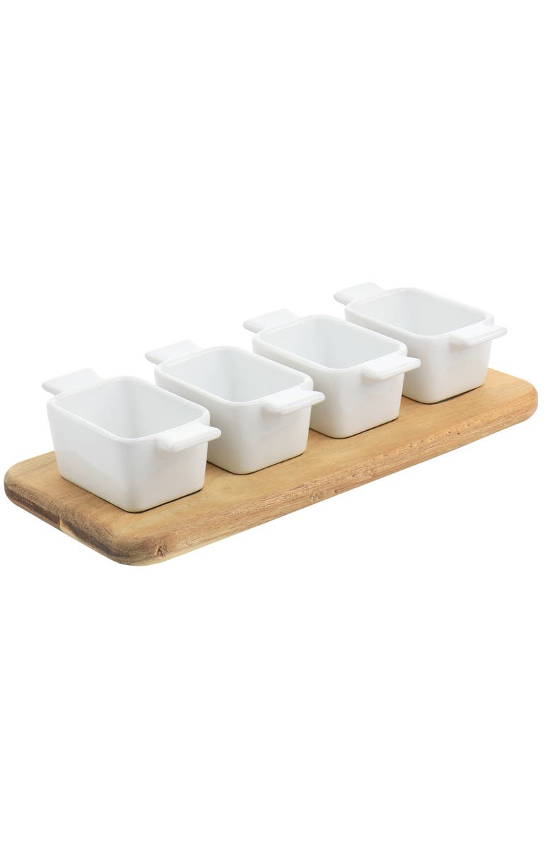 Gibson Elite Gracious Dining 5 Piece Fine Ceramic Tidbit Dish Set with Acacia Wood Base, Main, color, White