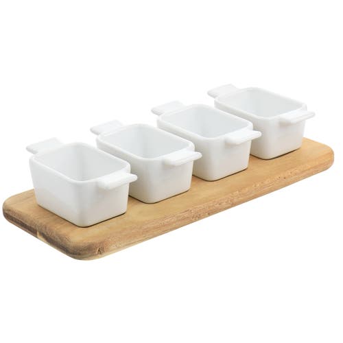 Gibson Elite Gracious Dining 5 Piece Fine Ceramic Tidbit Dish Set With Acacia Wood Base In White