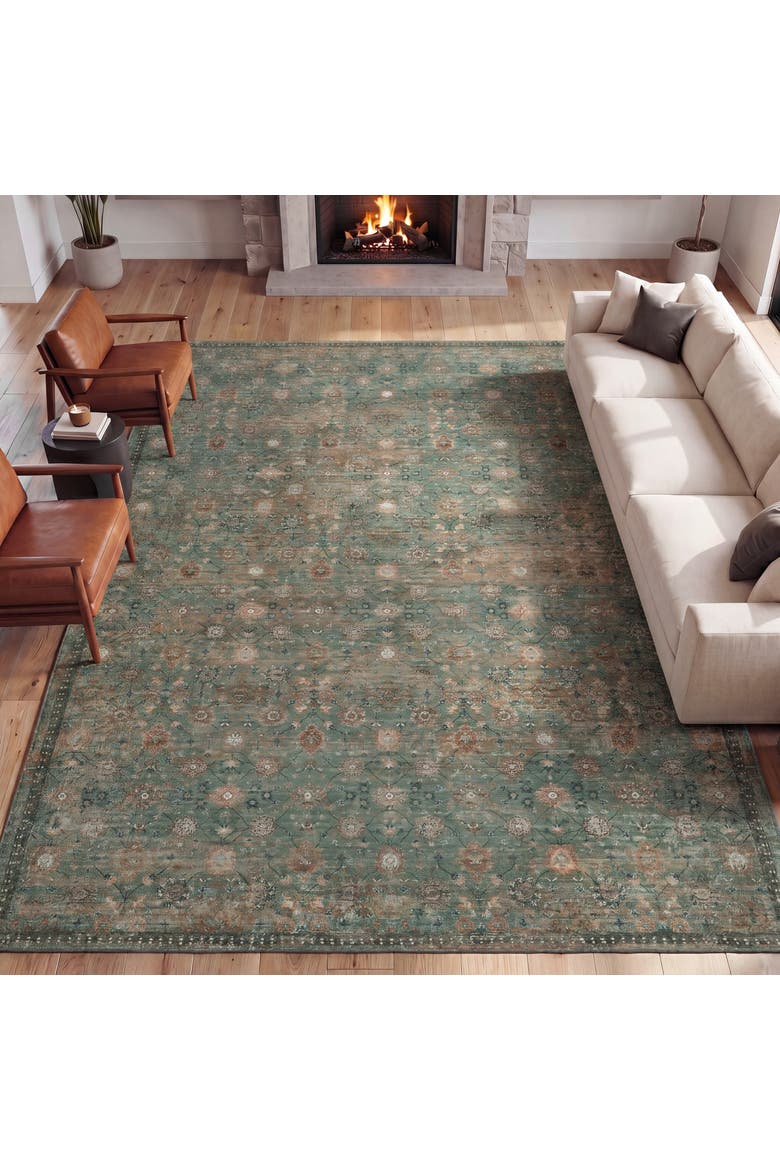 Petunia Distressed All-Over Floral Border Non-Slip Machine-Washable Rug, Main, color, Green/Brown