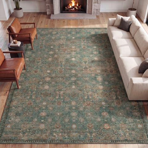 Petunia Distressed All-Over Floral Border Non-Slip Machine-Washable Rug