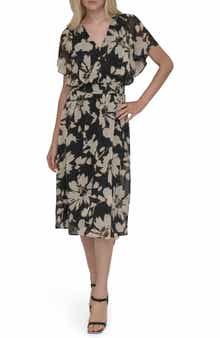 DKNY Smocked Flutter Sleeve Midi Dress