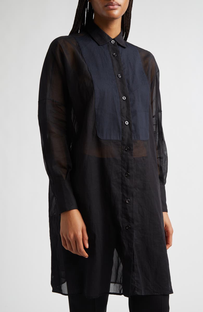 Eleventy Tunic Cotton Gauze Button-Up Tuxedo Shirt, Alternate, color, 22 Black