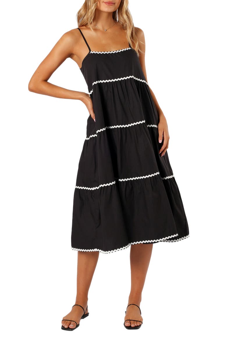 Loella Tiered Midi Dress, Main, color, BLACK