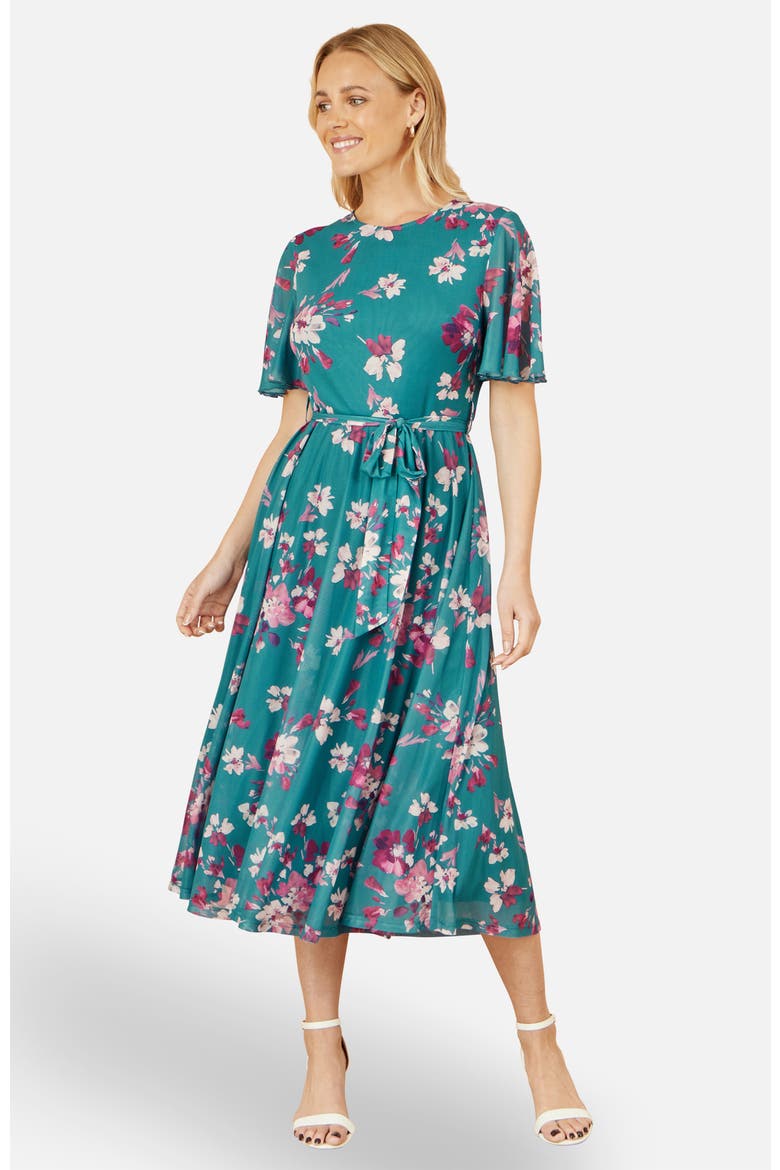 Mesh Skater Floral Midi Dress, Alternate, color, Teal