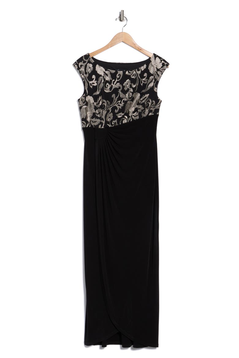 Embroidered Bodice Faux Wrap Dress, Alternate, color, GOLD/ BLACK